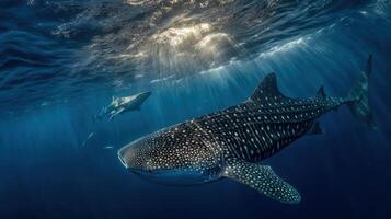 A majestic whale shark glides gracefully through crystal-clear waters, illuminated by sunlight filtering from above, showcasing its distinctive patterns. photo