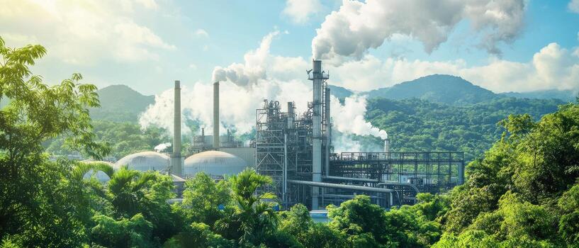 A vibrant industrial scene showing a factory amidst lush greenery, with smoke billowing from chimneys against a backdrop of mountains and blue skies. photo