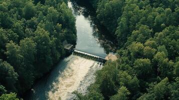 Aerial view of a serene river flowing through lush greenery, featuring a dam that creates a gentle waterfall effect. photo