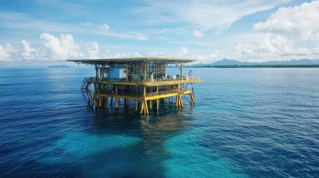 A modern, yellow structure stands atop blue ocean waters, surrounded by clouds and mountains in the distance, showcasing a unique marine architecture. photo