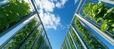 A lush vertical garden rises towards a bright blue sky, showcasing healthy greenery framed by glass structures. photo