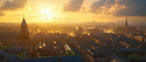 A breathtaking sunset over a city skyline, featuring historic buildings and wind turbines, casting a warm golden glow across the urban landscape. photo