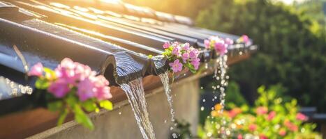 A beautiful scene of water cascading from a rooftop gutter adorned with vibrant flowers, illuminated by warm sunlight. photo