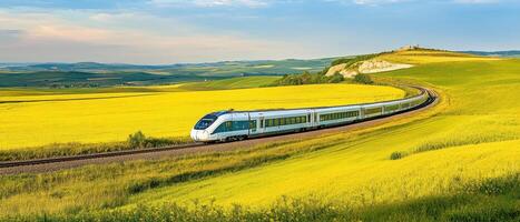 A sleek train winds through vibrant yellow fields under a clear blue sky, showcasing the beauty of rural landscapes and modern transportation. photo