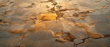 Cracked earth with patches of reflective water and warm hues, creating a natural abstract landscape. photo
