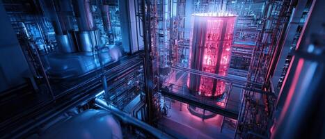 Futuristic industrial setting with illuminated machinery, featuring intricate designs in blue and red hues. photo