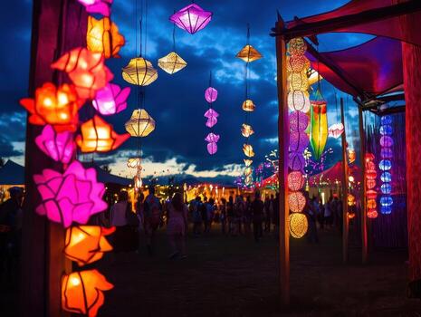Vibrant lanterns illuminate a festive outdoor scene at dusk, creating a magical atmosphere filled with colors and shapes. photo
