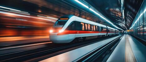 A high-speed train moves swiftly through a modern, illuminated tunnel, creating a dynamic sense of motion and energy. photo