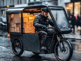 A delivery cyclist navigates a rainy urban street in an electric cargo bike, transporting boxes in a transparent enclosed compartment. photo
