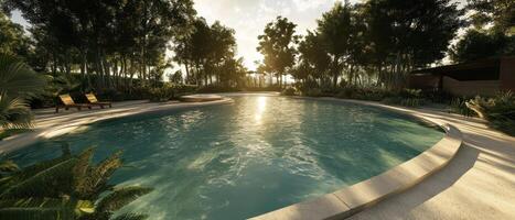A serene swimming pool surrounded by lush greenery, illuminated by soft sunlight, creating a tranquil and inviting atmosphere. photo