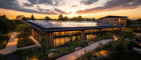 Modern eco-friendly building with solar panels, surrounded by lush greenery, illuminated at sunset, showcasing sustainable architecture. photo