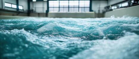 A close-up view of swirling water in an indoor swimming pool, showcasing dynamic movement and vibrant turquoise color. photo