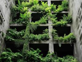 Urban decay with lush green ferns thriving in an abandoned structure, showcasing nature's resilience amidst concrete. photo