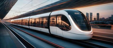 A modern train moves swiftly through a futuristic cityscape at sunset, highlighting sleek design and advanced technology. photo