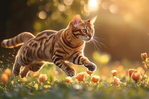 Bengal cat running and jumping over flowers in a garden at sunset photo