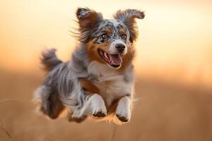 Happy australian shepherd running and jumping in a wheat field at sunset photo