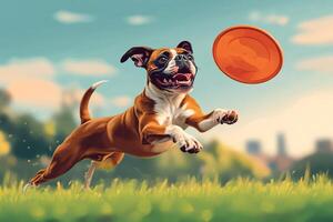 Happy Boxer dog running and catching orange frisbee in a park photo