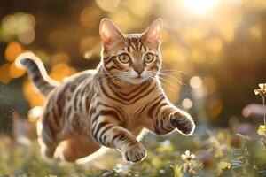 Bengal cat running on grass in golden light photo