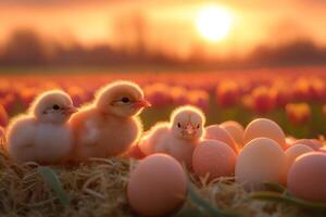 Three baby chicks resting on straw near eggs at sunset in tulip field photo