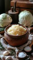 Sauerkraut fermenting in clay pot with cabbages, garlic and thyme photo