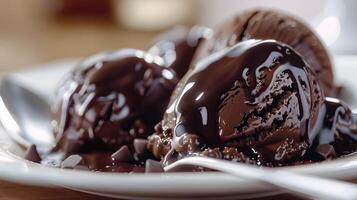 chocolate ice cream scoops drizzled with syrup photo