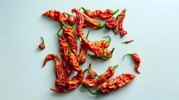 letter 'E' created with dried red chili peppers photo