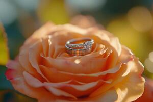 Wedding rings resting on a delicate orange rose symbolize love and commitment photo