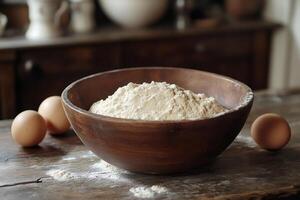 Wooden bowl full of flour with eggs on rustic table in old kitchen photo