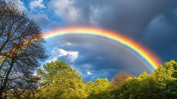 Bright rainbow appearing over green trees on cloudy sky background photo