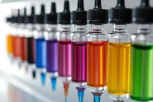 Vape liquid bottles with different flavors and nicotine strengths creating a colorful gradient photo