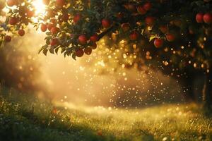 Ripe red apples hanging from tree branches in golden sunset light, creating magical bokeh effect photo