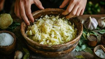 Chef preparing sauerkraut with spices in wooden bowl photo