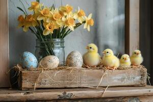 Charming Easter Display with Chicks and Daffodils photo