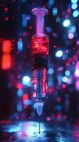 Syringe dripping red liquid on dark reflecting surface with colorful bokeh background photo