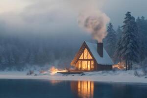 Cozy wooden cabin reflecting on a frozen lake at twilight in a snowy winter landscape photo