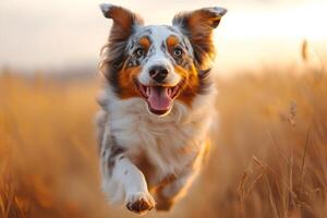 Australian shepherd running happily in a wheat field at sunset. photo