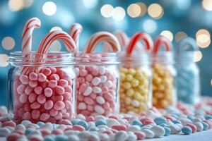 Candy canes resting on glass jars filled with colorful sugared almonds on blurred lights background photo