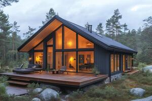 Modern a-frame cabin illuminating the nordic forest at dusk photo