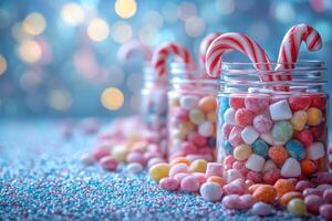 Glass jars containing colorful candies and candy canes resting on a layer of hundreds and thousands photo