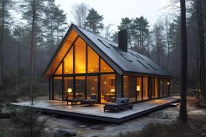 Modern cabin with large windows illuminating the forest at dusk photo