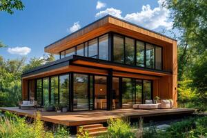 Modern sustainable wooden house with large windows reflecting surrounding nature photo