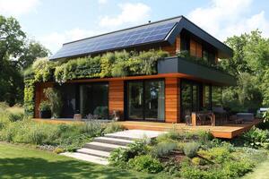 Modern eco-friendly house with solar panels and green roof surrounded by vegetation photo