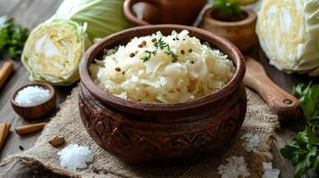 Homemade sauerkraut fermenting in rustic clay pot with spices photo