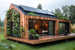 Modern wooden tiny house with solar panels and vertical garden promoting sustainable living photo