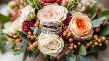Wedding rings resting on a colorful bouquet of orange and white roses decorated with hypericum berries photo