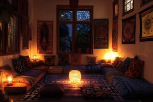 Warm lighting is creating a relaxing atmosphere in an oriental chill out lounge photo