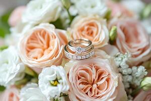 Wedding rings resting on a bouquet of peach and white roses photo