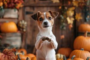 Jack russell terrier standing on hind legs with paws joined together, surrounded by pumpkins and autumn leaves in a barn photo