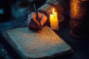 monje escritura en antiguo libro a luz de una vela en monasterio escritorio foto