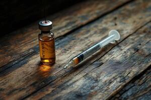 Syringe and vial containing amber liquid resting on wooden surface photo
